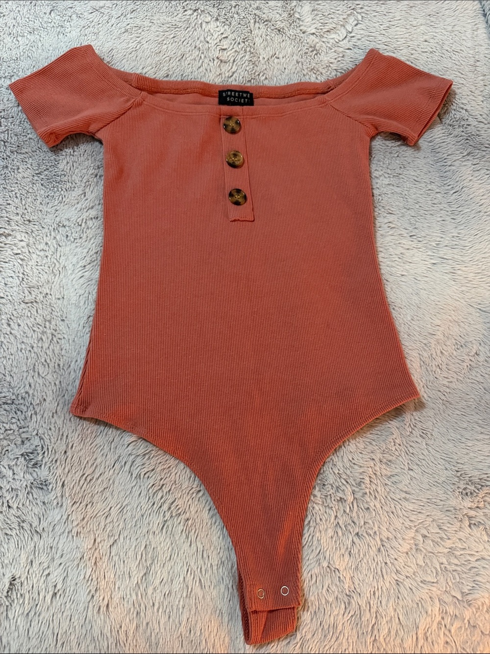 Streetwear Society Rust Ribbed Off-Shoulder One-Piece Bodysuit